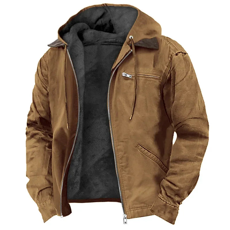 2026 New Fashion European and American Cross-border E-commerce, Solid Color Hooded Cotton Clothes Casual Men's Clothing Velvet Zipper Pocket Jacket Jacket