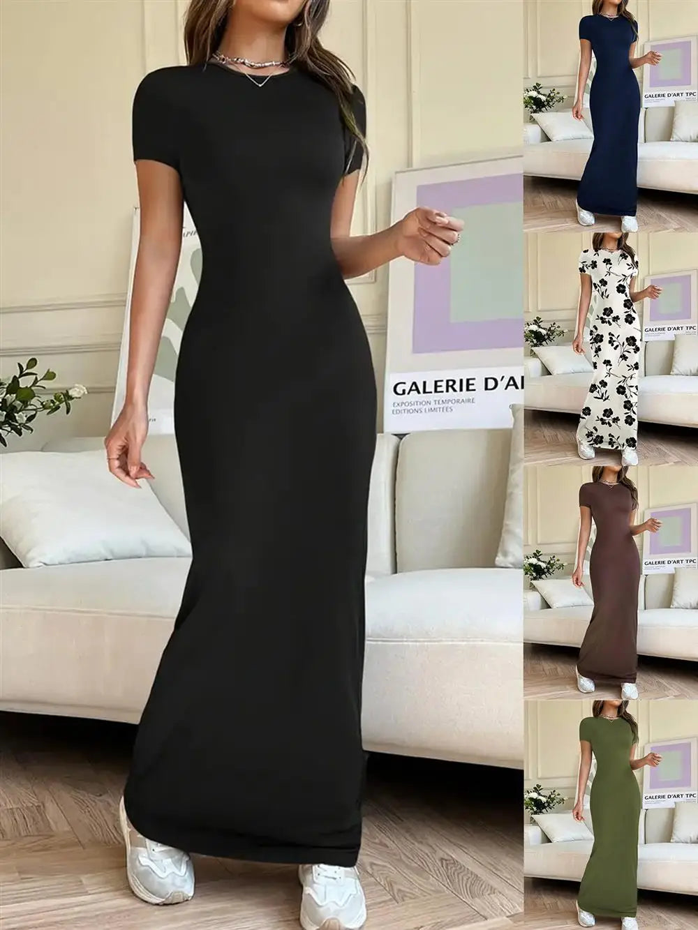 Sexy Slim Fit Short Sleeve round Neck Dress Pure Color Long Dress for Women LinJ2026 Casual European Style mid Waist Skirt