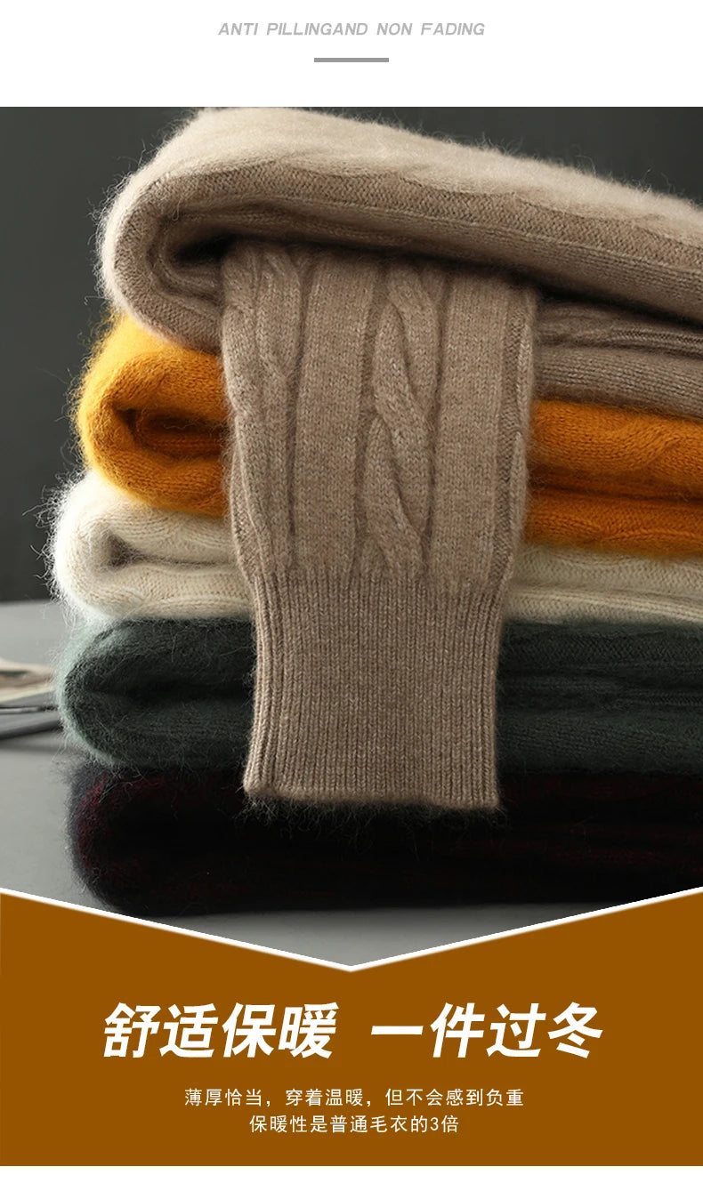 Men's Round Neck Pullover Sweater For Autumn Winter 100% Pure Mink Cashmere Knitted Sweater, Casual Long Sleeved Thick Warm Base