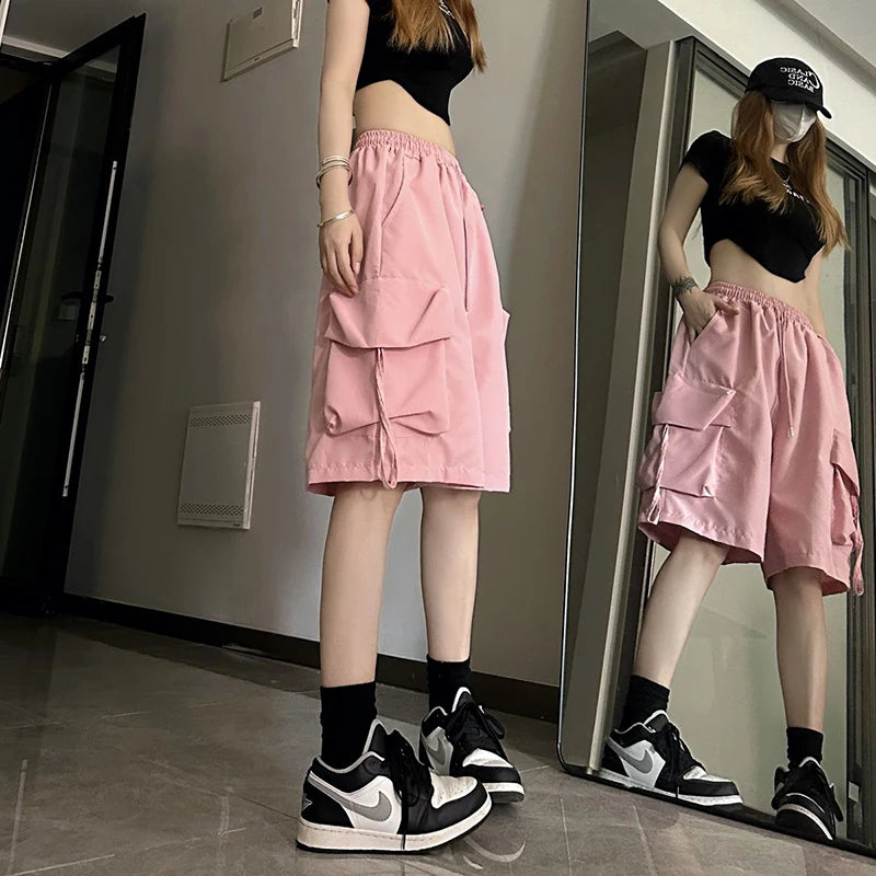 URBANCREW High-Waist Cargo Shorts — Loose Streetwear Fit