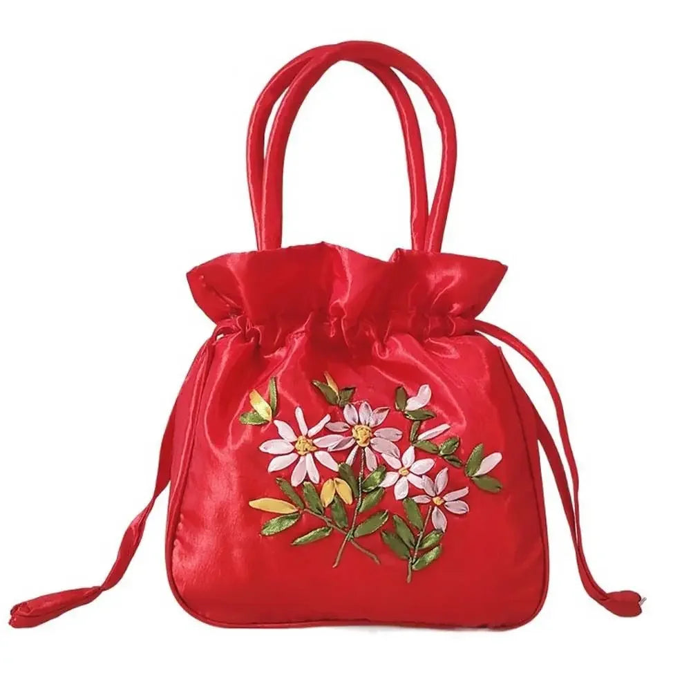 Retro Elegant Satin Silk Embroidery Totes for Women Floral Drawstring Handbag Hanfu Woman Purse Wallet Small Tote Bags