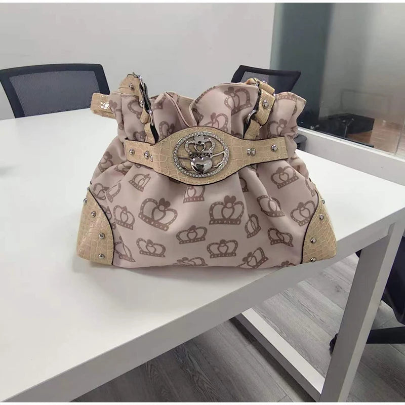 Luxury Women Rivet Handbag,Y2k Girls Metal Studded Underarm Shoulder Bag,Niche Belt Buckle Commuter Chic East-West Tote Bag