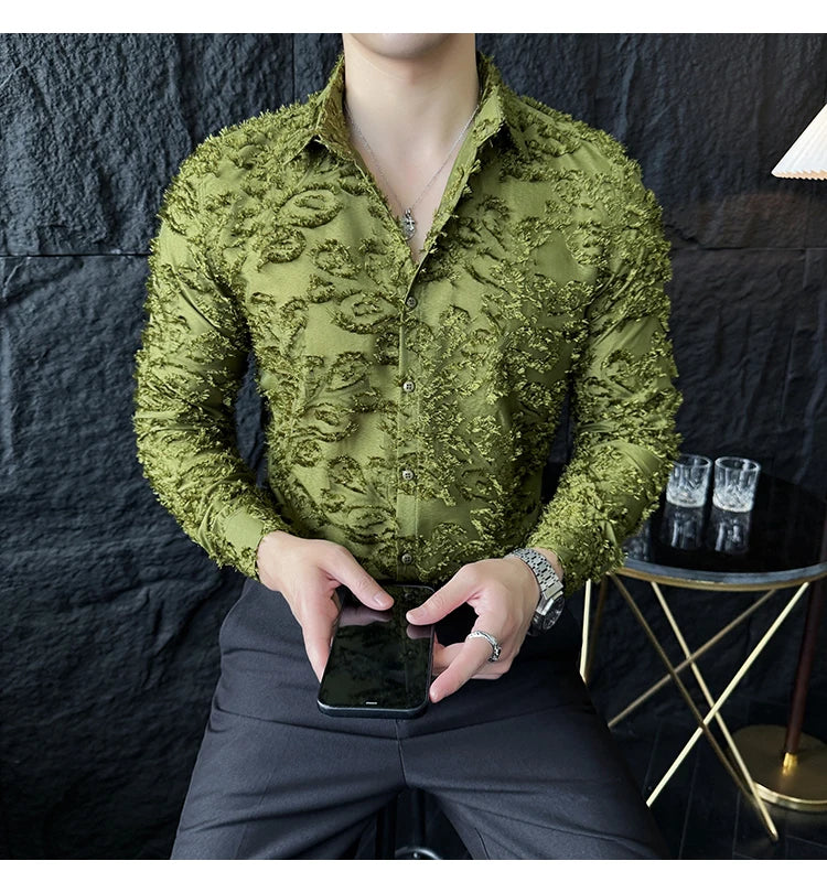 Tassels Shirts For Men Korean New Autumn Winter Long Sleeve Men's Social Shirt Slim Fit All Match Plain Color Blouse Homme 4XL-M