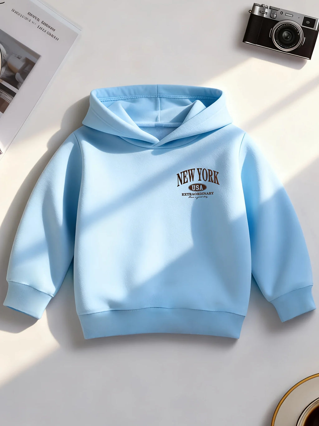New American-style children's hoodie with New York print and American oval logoPerfect for fall/winter Christmas gifts for kids.