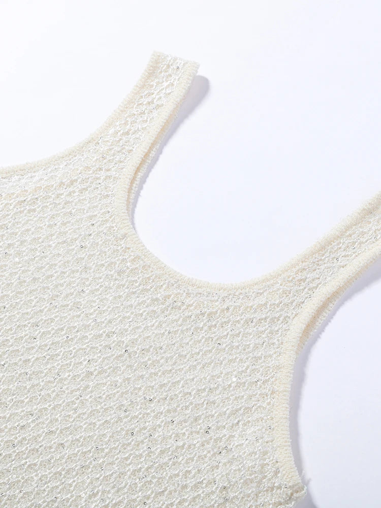 Women's Tank Tops Knitted Sequined Vests Summer Female Square Collar Sleeveless Backless Bodycon Crop Top Chic Lady Knitwear New