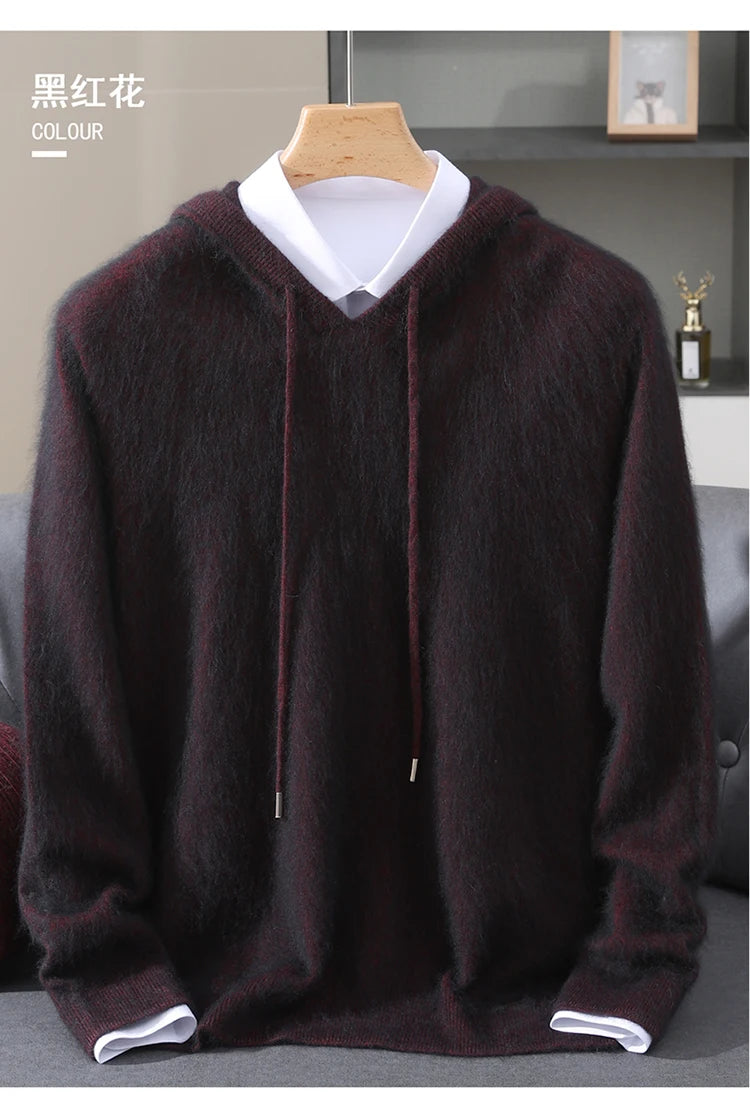 LHZSYY 100% Pure Mink Cashmere Hooded Sweater Men's Hooded Knitted Pullover Business Casual Loose Hoodie Autumn Bottoming Shirt