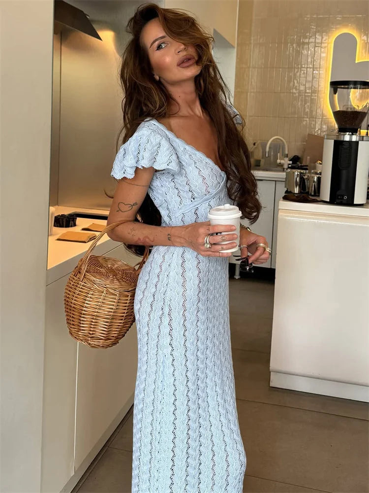 Tossy Ruffled Hollow Out Knit Long Dress Women V-Neck Fashion Patchwork See-Through Beach Holiday Dress Knitwear Female Dress