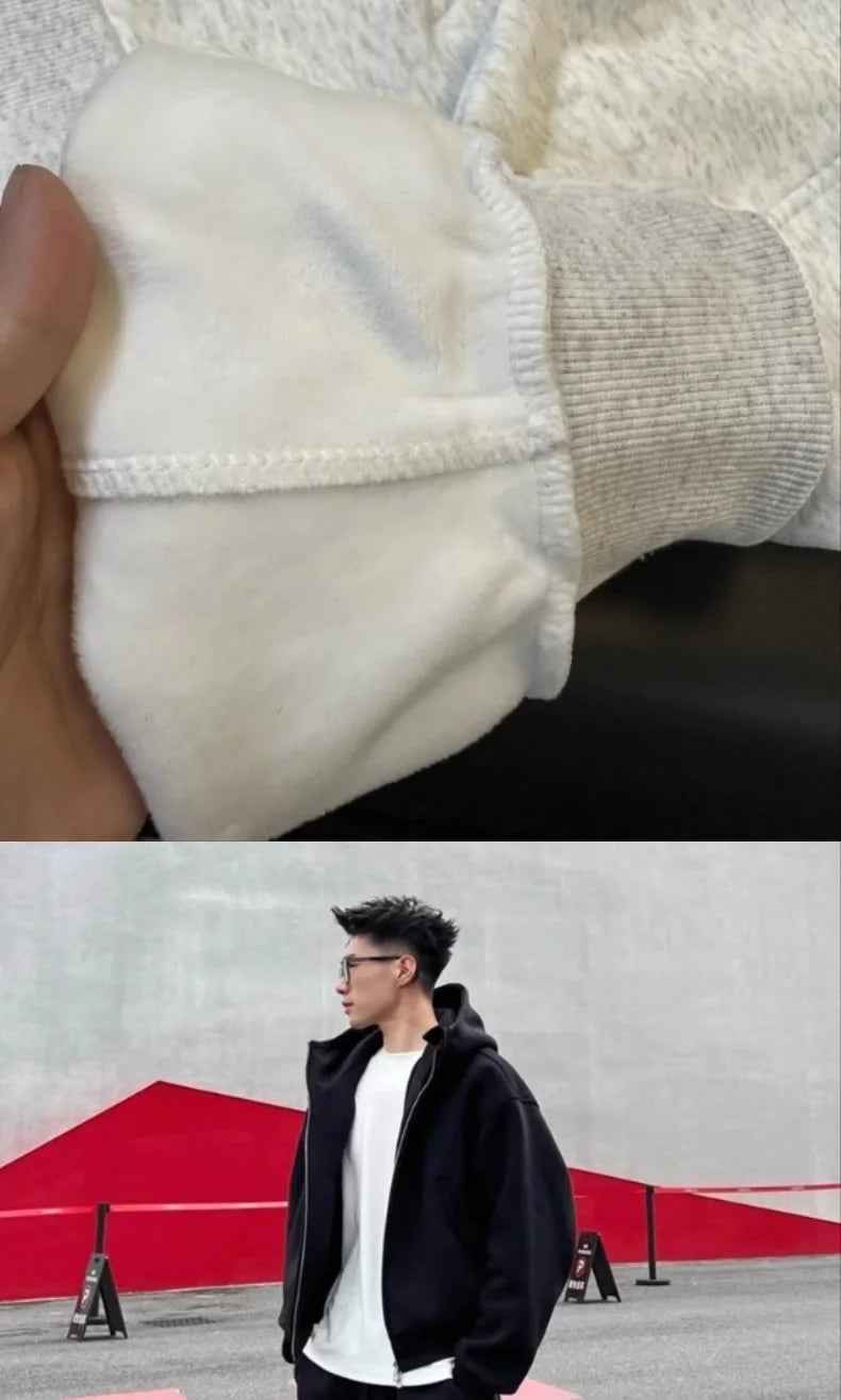 Men's Autumn Winter Hooded Open Cardigan Double Zipper Fleece Long Pants Sport Casual Two-Piece Set Versatile Polyester Fiber