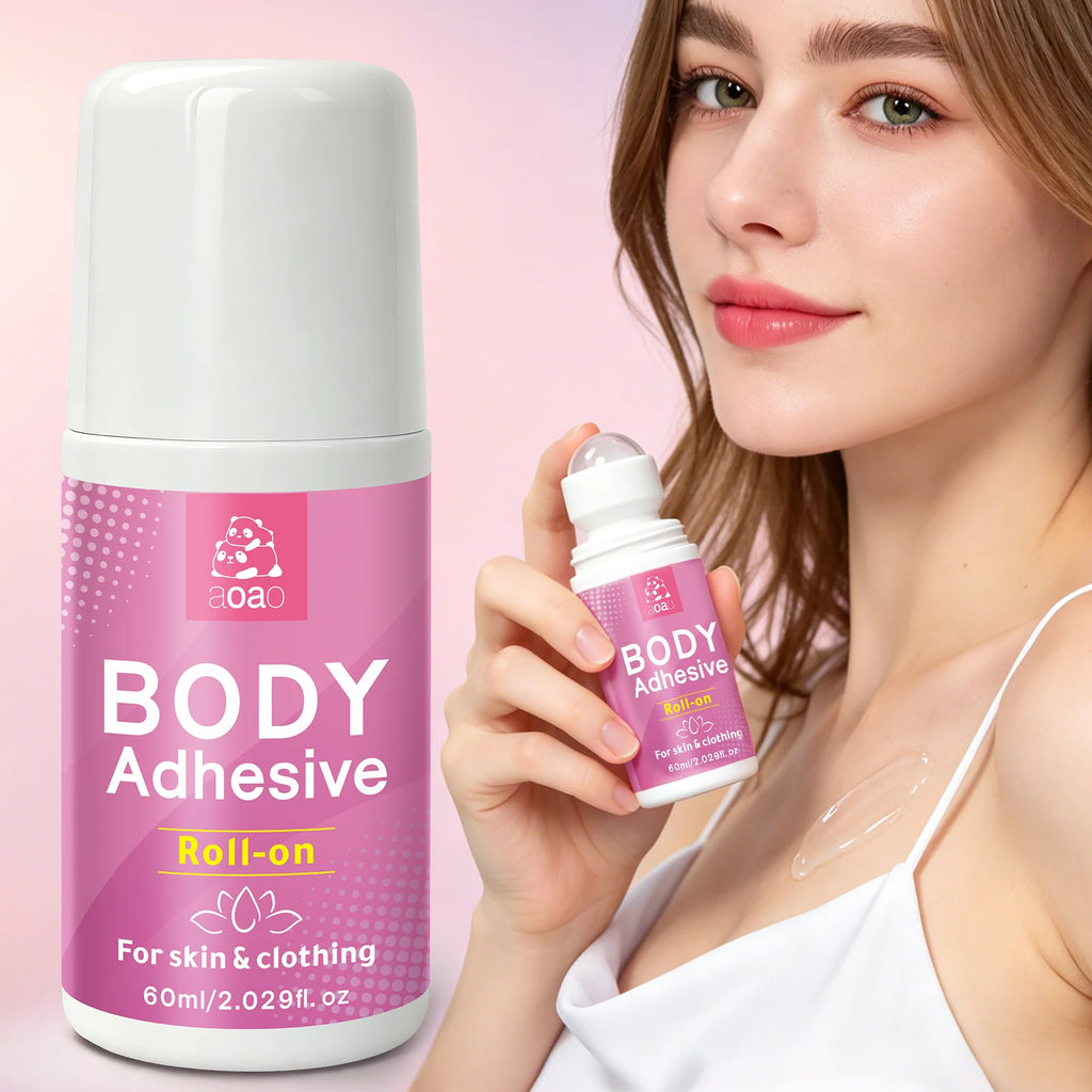 Liquid body adhesive roll-on glue for strapless dresses and work shirts, all-day adhesion — sweat-proof and quick-drying.