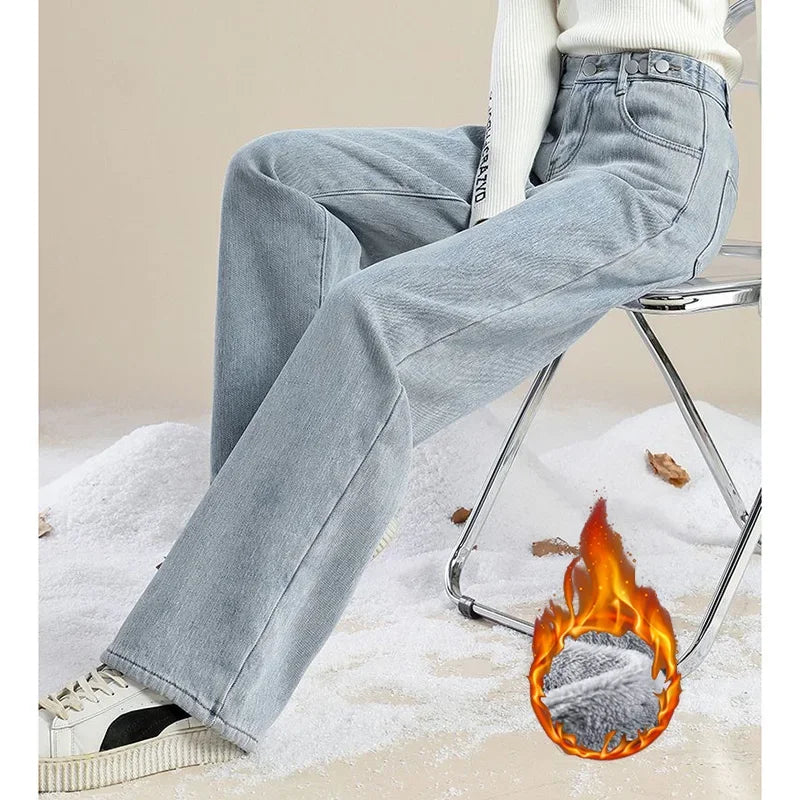 Hot Sale Winter Lady Thermal Plush High Waist Jeans Girls Snow Warm Denim Pants Women Classic Fleece Straight Leg Trousers