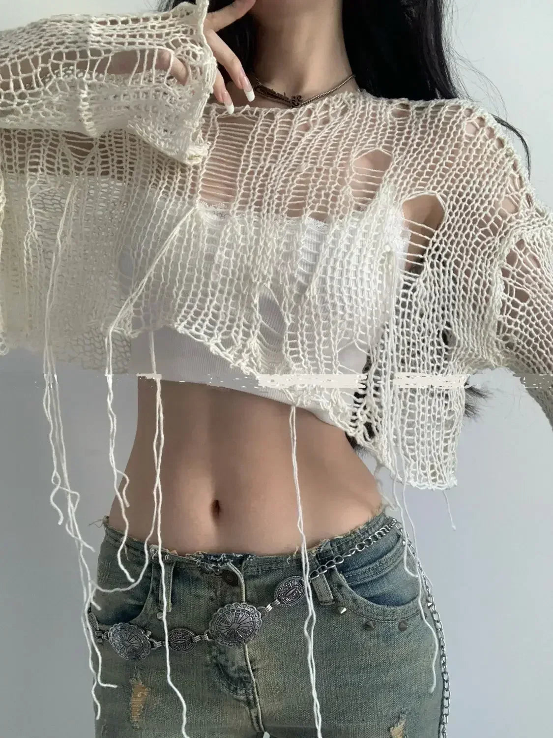 Sexy White Slash Neck Grunge Knitted Women's Sweater Hole Ripped Pullover Crop Top Harajuku Hollow Out Fashion Summer Jumpers