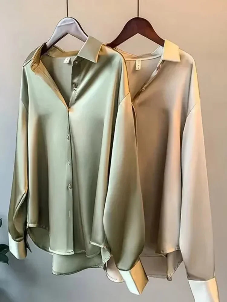 Fall Turn-down Collar Elegant Satin Loose Women Shirt 2026 Plus Size Blouse Autumn Vintage Casual Button Silk Tops
