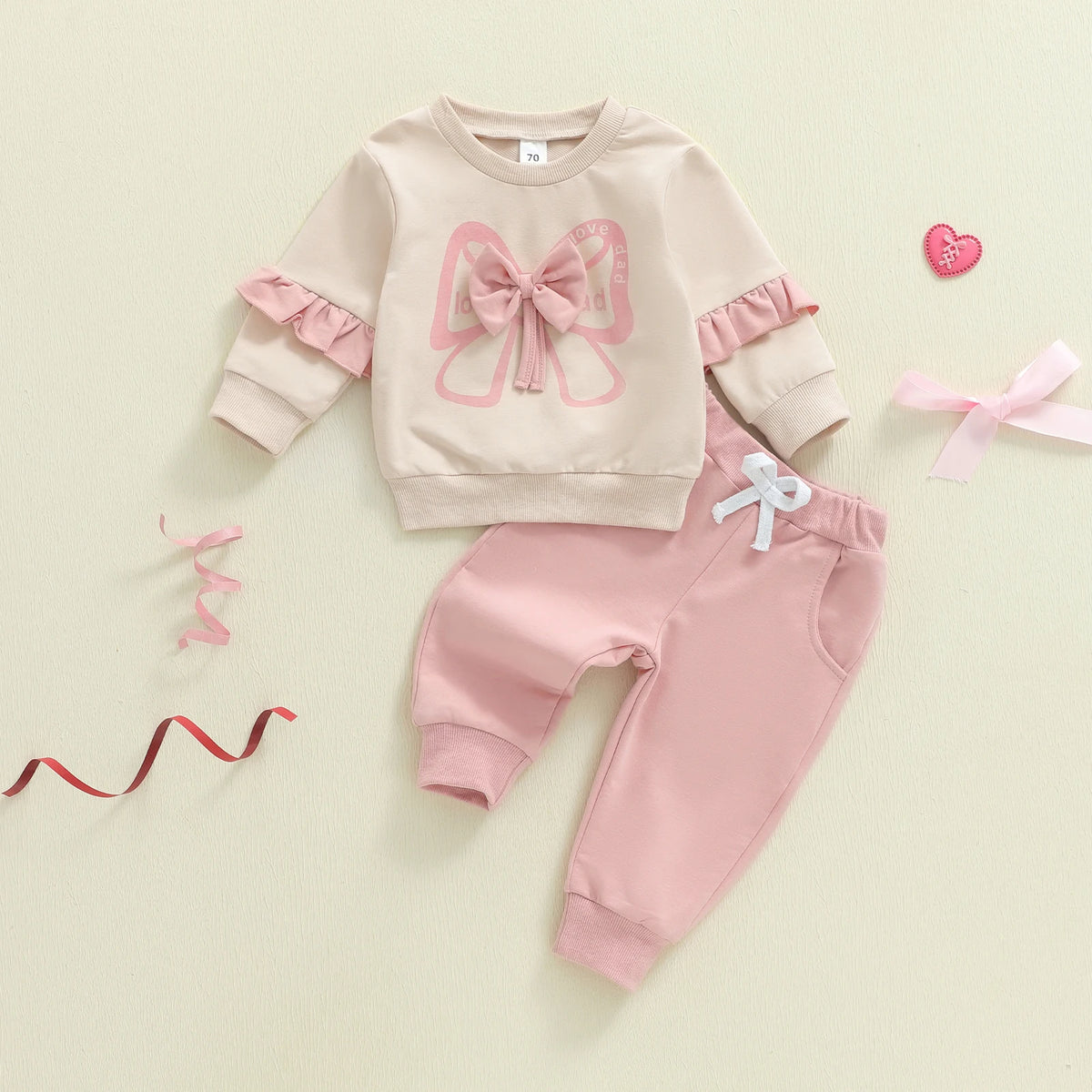 Citgeett Spring Toddler Girl Fall Outfits Bow Print Long Sleeve Ruffled Pullover Elastic Waist Pants Clothes Set