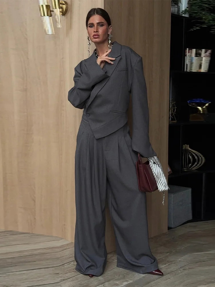 Elegant Irregular Women's Blazer Trouser Suits Single Button Lapel Full Sleeve Wide Leg Pants Lady Set 2026 2 Pieces Set Women
