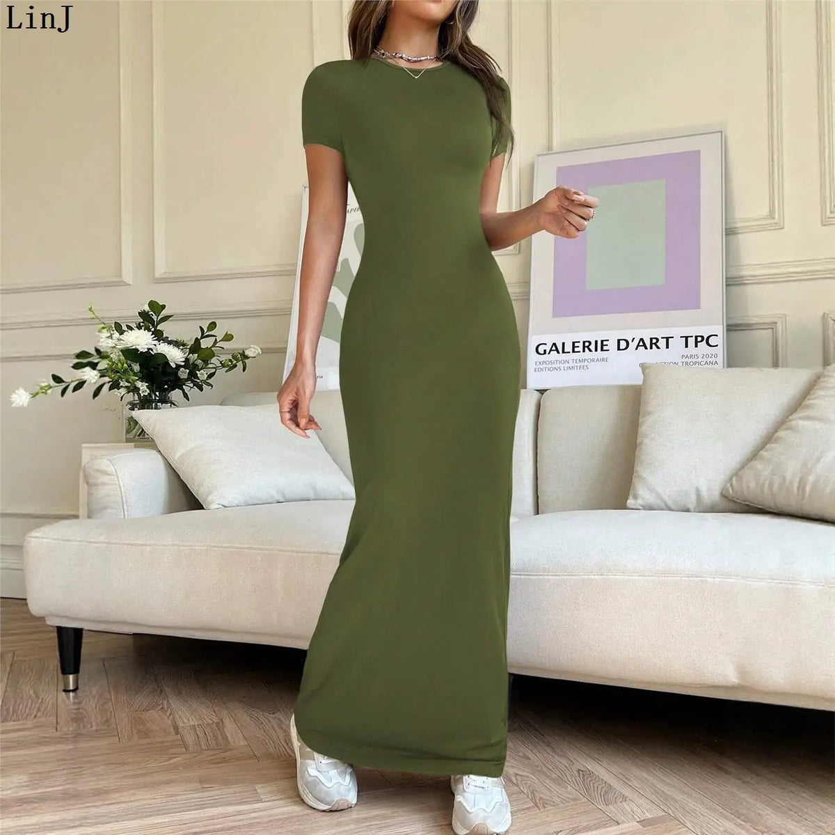Sexy Slim Fit Short Sleeve round Neck Dress Pure Color Long Dress for Women LinJ2026 Casual European Style mid Waist Skirt