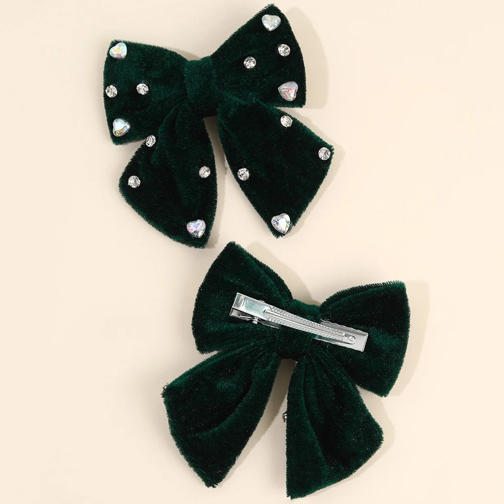 Velvet Bow Hair Clips with Heart Rhinestone Detail, 2-Pack