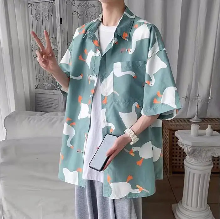 Retro Oil Painting Goose Print Men's Short Sleeve Thin Shirt Summer Fashion Casual Loose Square Neck Versatile Top