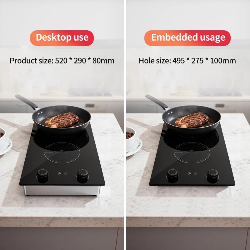 3500W Induction Hob, Double Burner, Ultra Thin Cooktop, Embedded for Modern Kitchen Renovation, 2 Zone Electric Stove