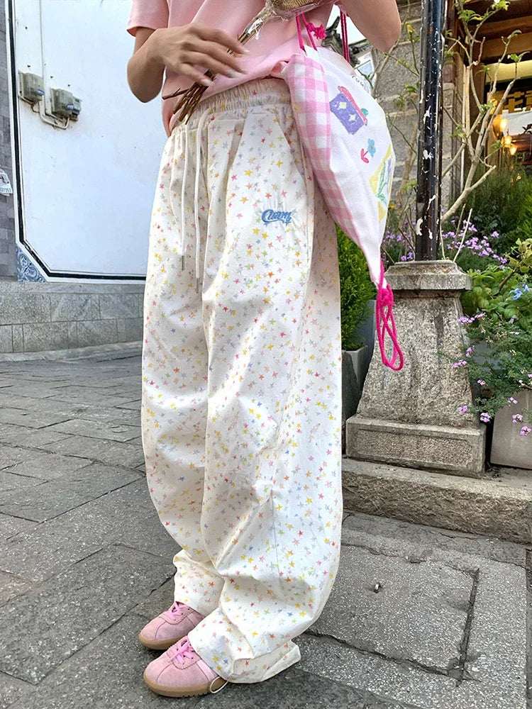 Korean Vintage Stars Print Letter Cargo Pants Women Fashion High Waist Wide Leg Trousers Casual Loose Preppy Style Female Pants
