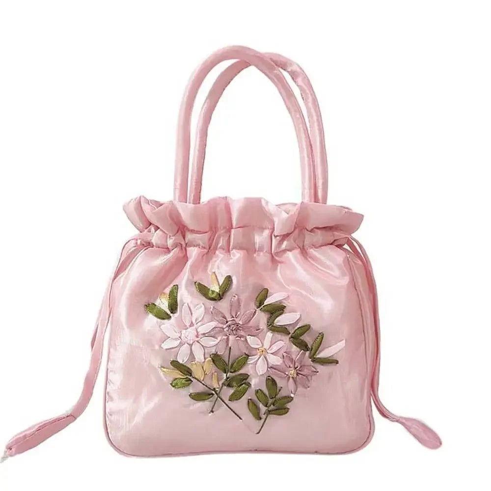 Retro Elegant Satin Silk Embroidery Totes for Women Floral Drawstring Handbag Hanfu Woman Purse Wallet Small Tote Bags