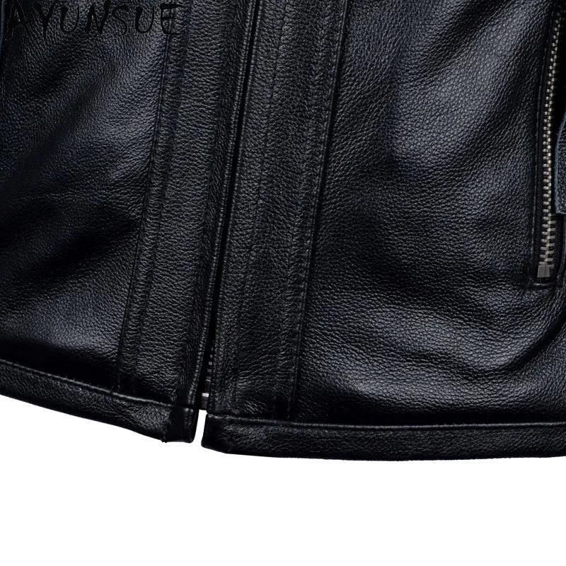 AYUNSUE Pure Cowhide Men Leather Jacket Fashion Stand Collar Short 100% Genuine Cow Leather Real Jacket Slim-fit Motorcycle Wear
