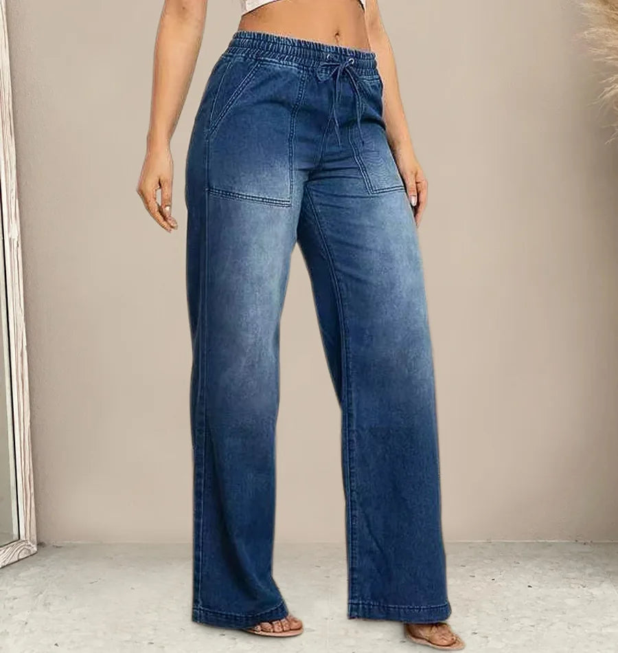 Women Jeans Vintage Denim Pant Elastic Waist Lace Up Wide Leg Long Pants Straight Trousers Y2k Streetwear Splice Work Spring