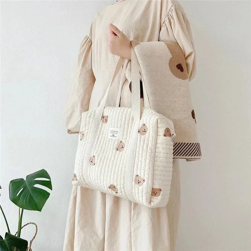 Korea Style Newborn Baby Care Diaper Mummy Shoulder Bag Embroidery Quilted Stroller Diaper Storage Organizer Large Handbags