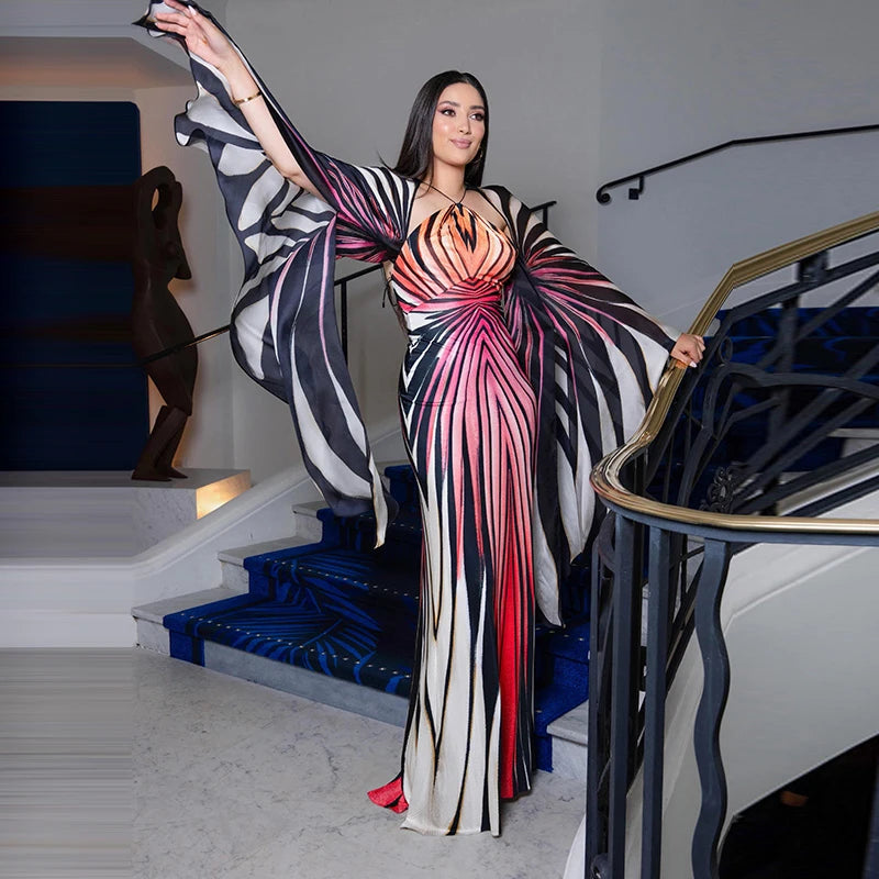 Printed Batwing Sleeve Halter Party Dress Women's Sexy Backless Full Sleeved Maxi Dresses 2026 Autumn Lady Evening Gown