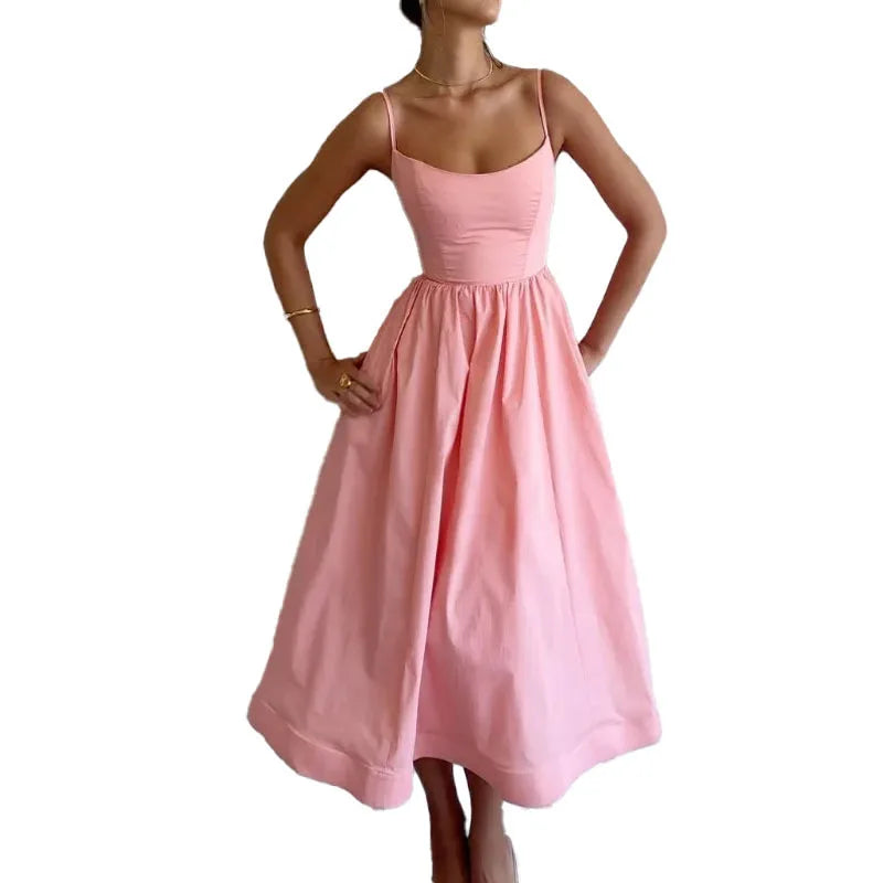 Summer U-neck Casual Female Vintage Elegant Spaghetti Strap Dress Women Elegant Solid Sleeveless A-line Midi Women's Dresses