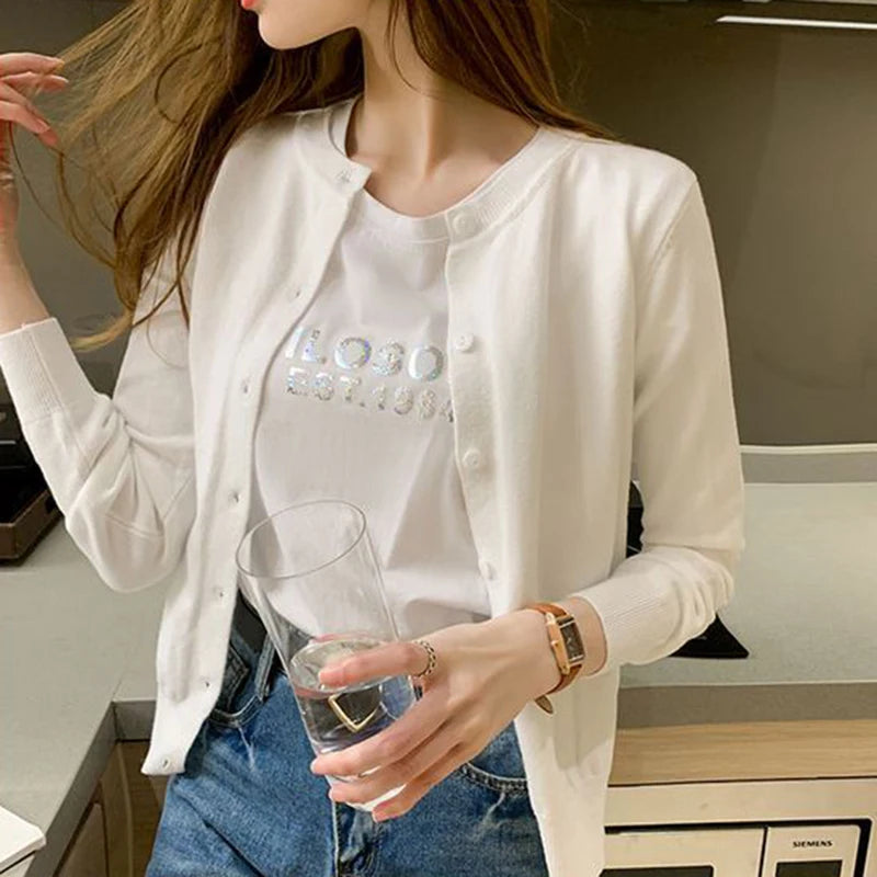 Rimocy Knitted Cardigan Jacket Women 2025 Spring Autumn Round Neck Casual Cardigans Woman Solid Color Slim Korean Jumpers Female