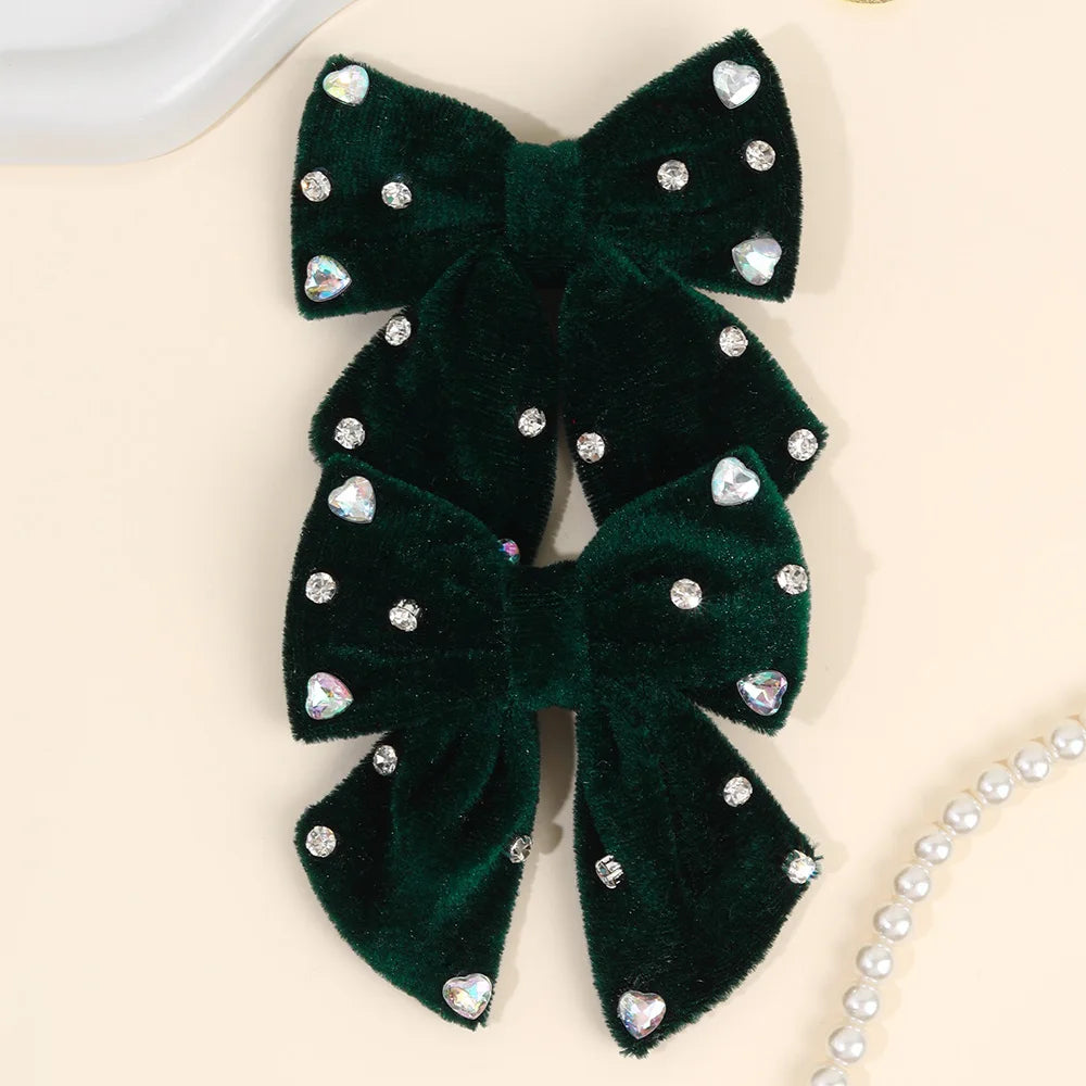 Velvet Bow Hair Clips with Heart Rhinestone Detail, 2-Pack