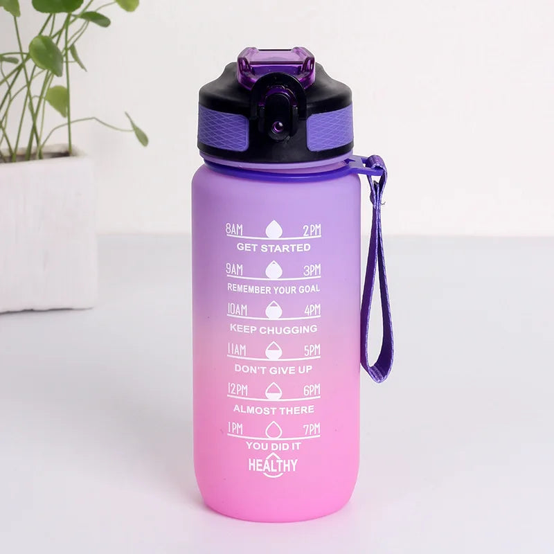3Sizes Sports Water Bottle Gradient Color Motivational Bottle with Time Marker Leak-proof Cup Gym Outdoor Drinkware