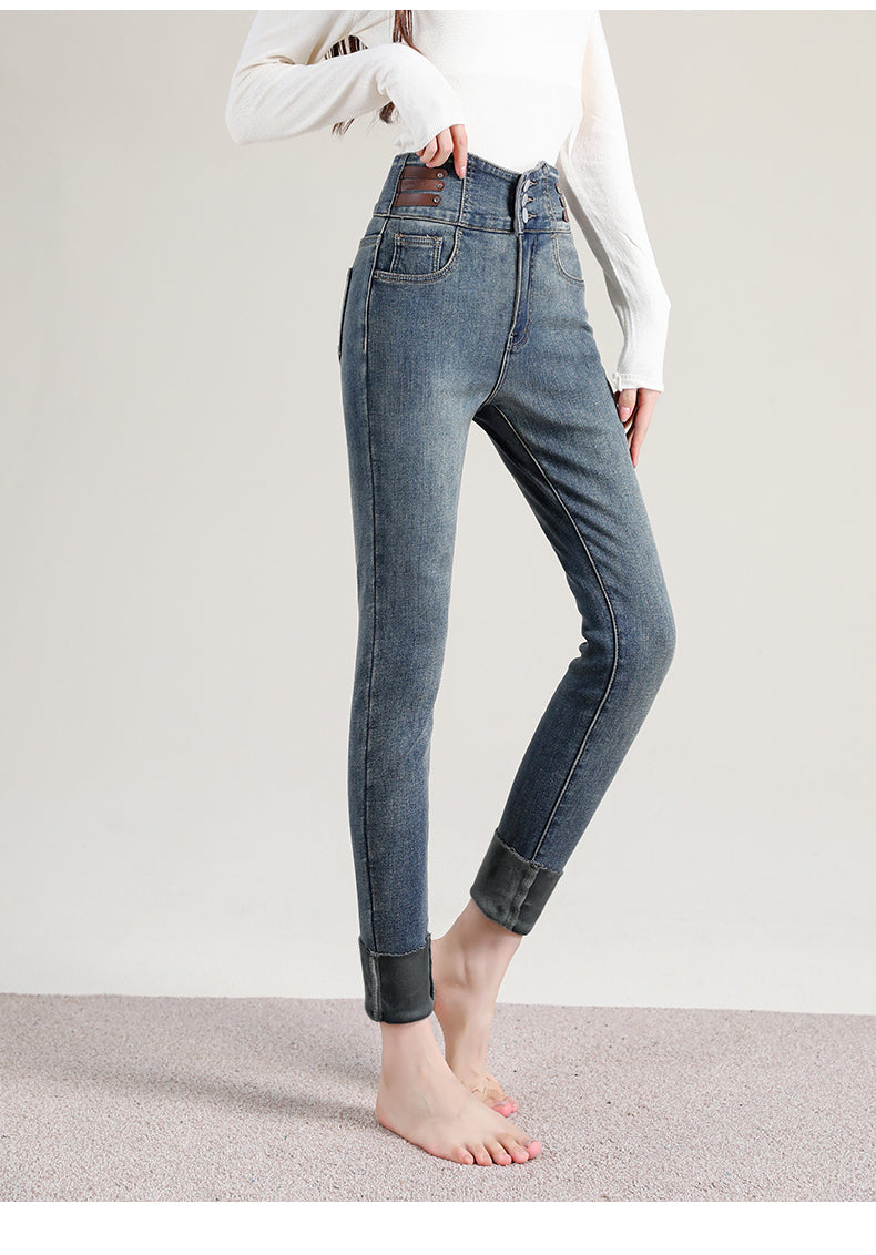 High Waist New Women's Fleece Jeans Winter Warm Thermal Slim Blue Black Fashionable Casual Velvet Elastic Pencil Denim Trousers