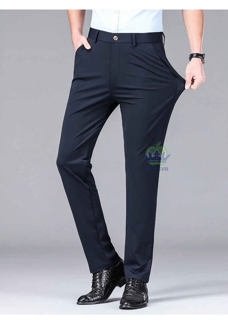 High Stretch Fabric Summer Thin Ice Silk Business Pants Men Elastic Waist Classic Work Office Formal Suit Trousers Plus Size 40