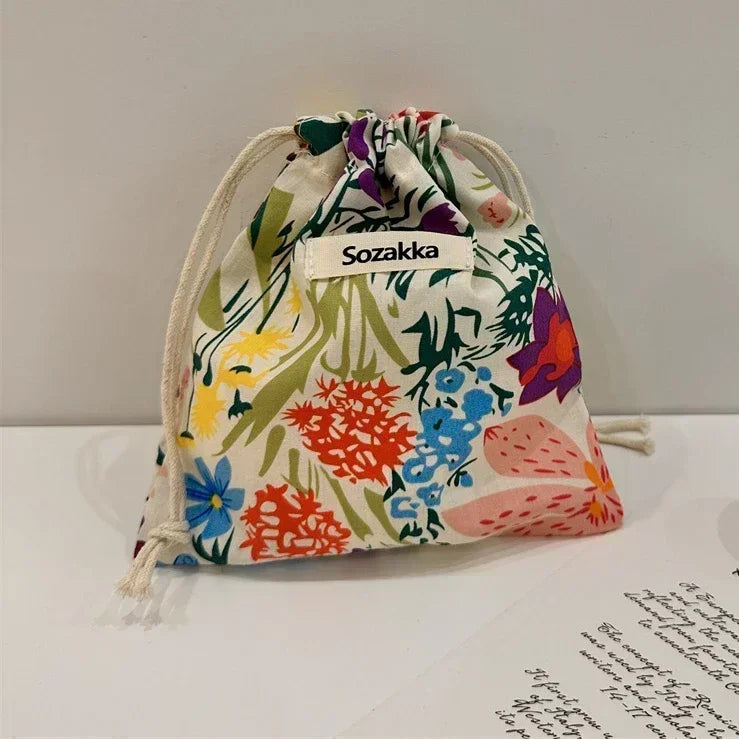 Kawaii Cloth Floral Drawstring Storage Bag Cosmetic Organizer for Women Makeup Handbags Wallet Small Pouch
