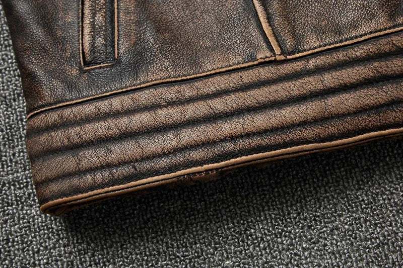 NEW Men's Vintage Motorcycle Jacket Stand Collar Natural Cowhide Jacket Classic Top Layer Cowhide Moto Suit Biker Clothing