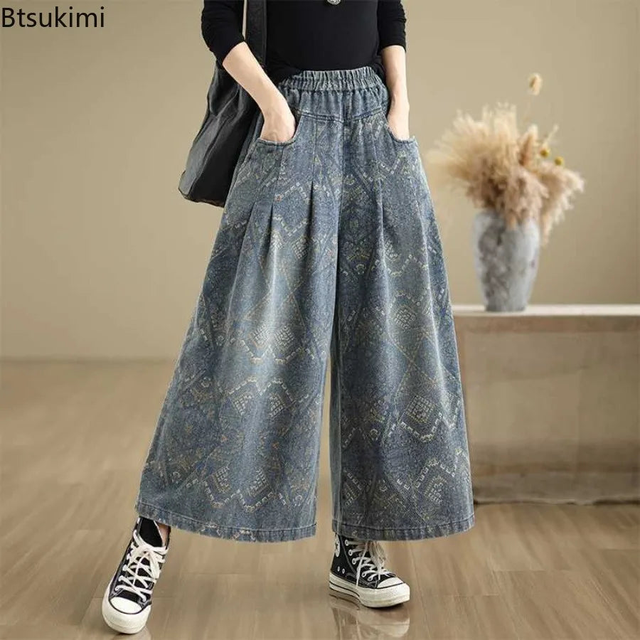 2026 Women's High Waist Wide Leg Jeans Loose Casual Straight Fit Trousers Elastic Waist Spring Autumn Vintage Print Denim Pants