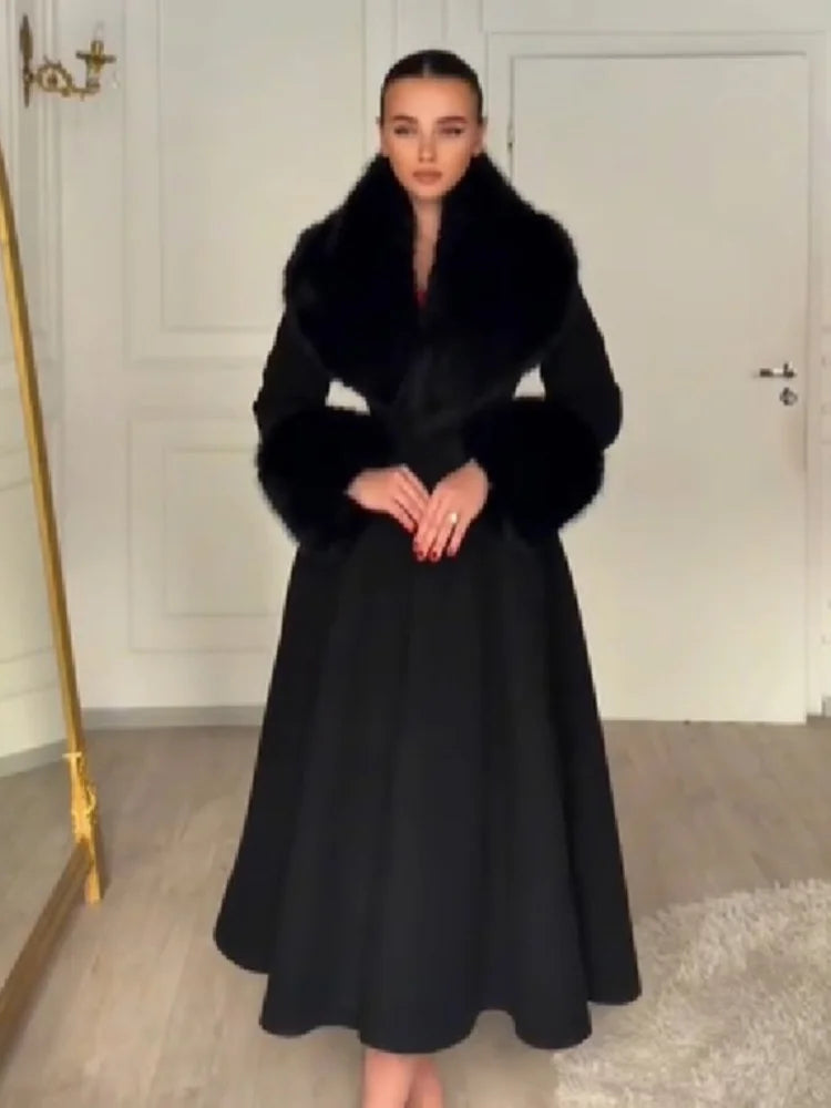Women Wool Blend Coat Faux Fur Collar And Cuffs Fitted Waist Flared Maxi Silhouette Outerwear Winter Elegant Street Overcoat