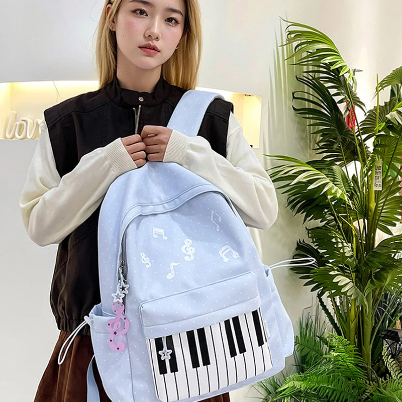 Polka Dot Piano Keyboard Backpack Back-to-school Girl Music Theme Embroidered Nylon Backpack Large Capacity Lightweight Backpack