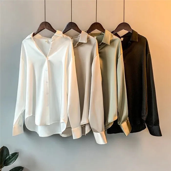 Fall Turn-down Collar Elegant Satin Loose Women Shirt 2026 Plus Size Blouse Autumn Vintage Casual Button Silk Tops