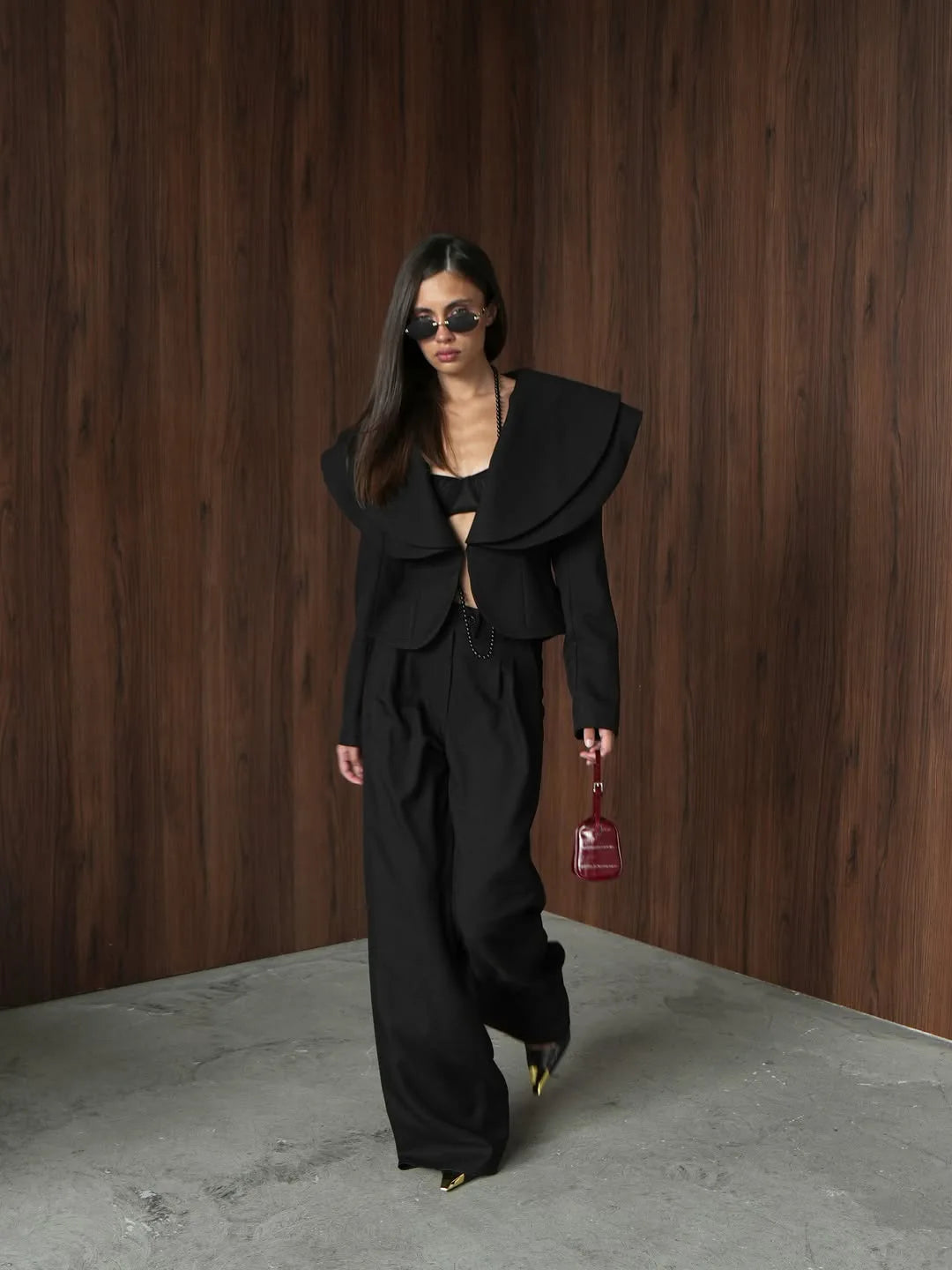 Chic Big Lapel Coat Pants Women Set Elegant Full Sleeve Single Breasted V-neck Straight Loose Trousers Solid Autumn Fashion Set