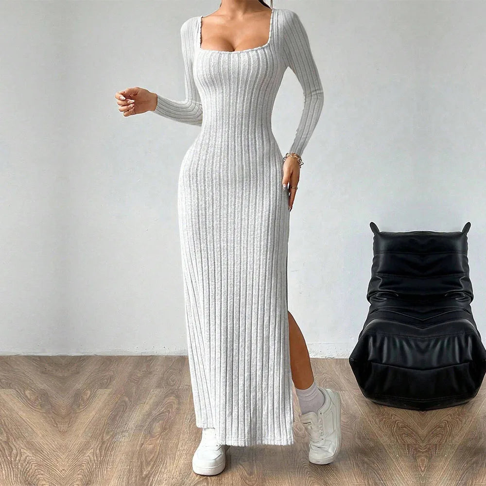 Women's Knitting Dress 2026 Spring Autumn Long Dress Minimalist Elegant Square Neck Backless Design Long Sleeve Midi Dress