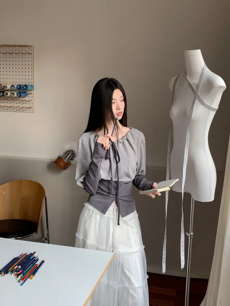 CHEERART Fall 2025 Designer Patchwork Long Sleeve Top And Blouse Autumn Clothing Woman Drawstring Tie Neck Fashion Clothes