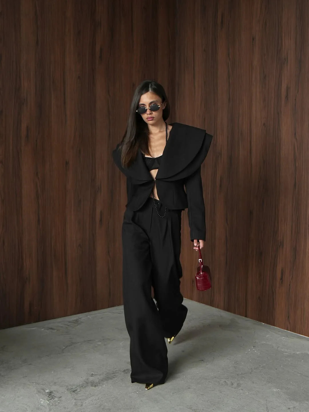 Chic Big Lapel Coat Pants Women Set Elegant Full Sleeve Single Breasted V-neck Straight Loose Trousers Solid Autumn Fashion Set