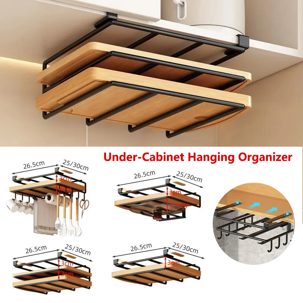 Kitchen Hanging Organizer Rack with Hooks Under Cupboard Paper Towel Rags Hanger Cutting Board Pot Cover Holder Storage Shelf