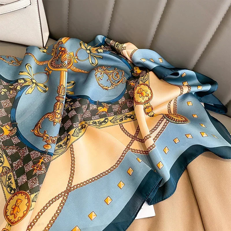 Luxury Brand Silk Square Plaid Scarf Women Satin Neck Hair Tie Band Soft Work Neckerchife 2021 NEW Hijab Head Female Foulard