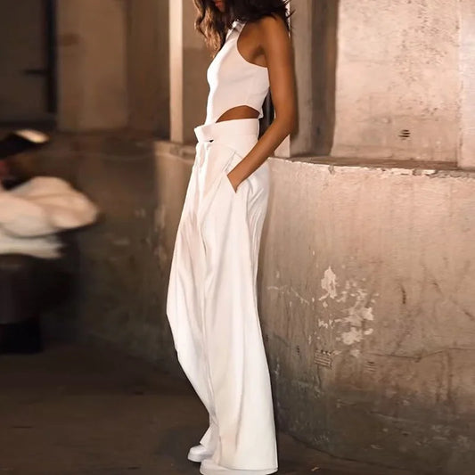 Summer Streetwear Solid Color Wide Leg Jumpsuit Casual Pocket Long Pants Playsuit Sexy Lady O Neck Sleeveless High Waist Romper