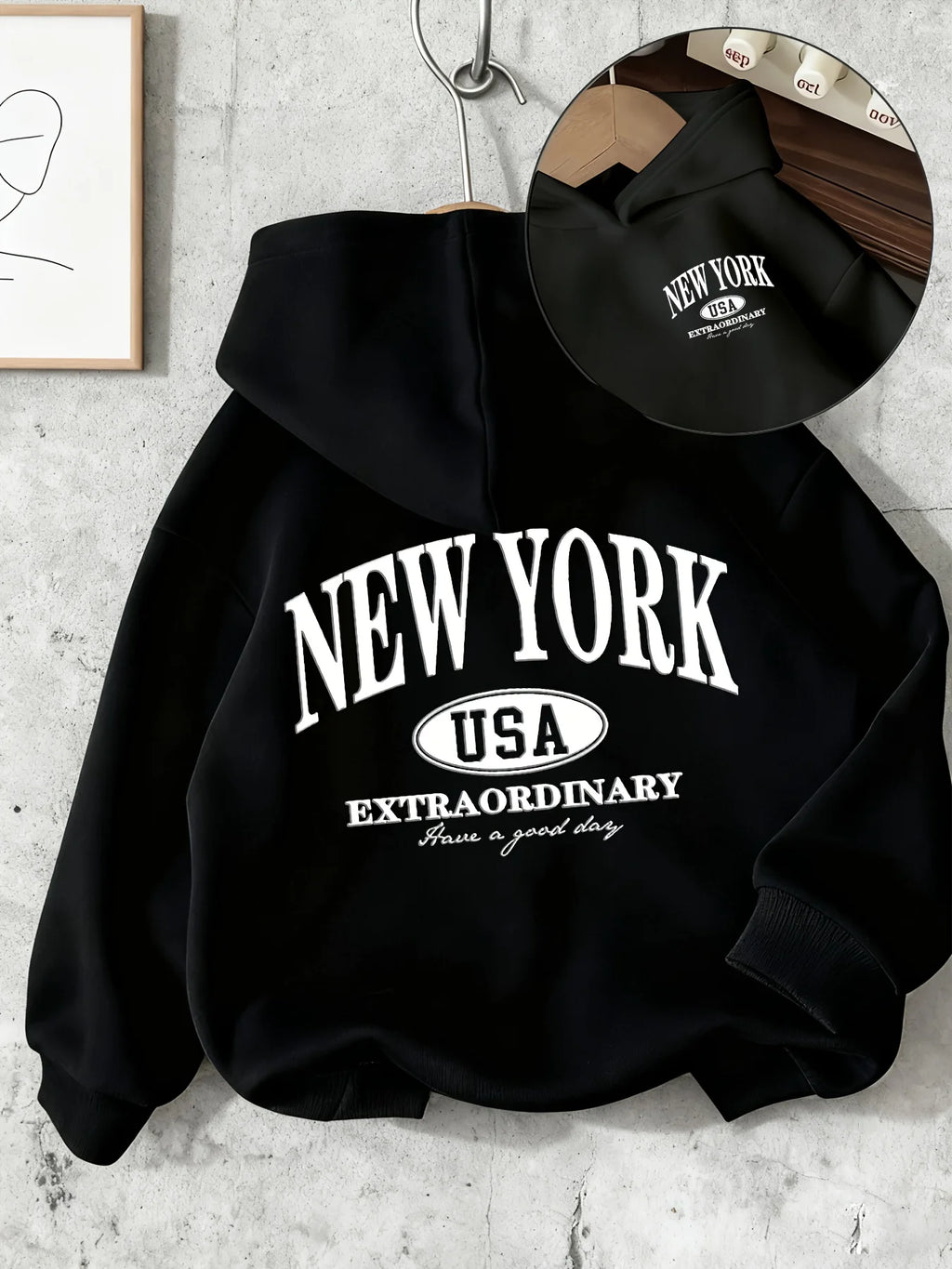 New American-style children's hoodie with New York print and American oval logoPerfect for fall/winter Christmas gifts for kids.