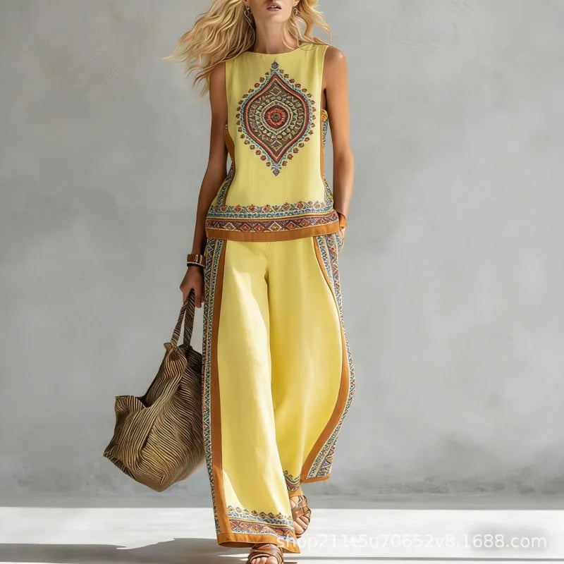 New Fashion Retro Printed Sleeveless Tops Trousers 2-piece Sets Women's Summer Casual Vest Loose Wide Leg Trousers Female Suit
