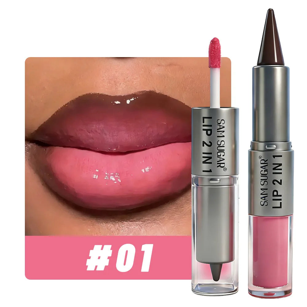 2 in 1 Lip Liner & Lip Gloss, Dual Ended Hydrating Non Stick Lipstick, Matte Velvet Outline Crayon with Shiny Plumping Lip Glaze